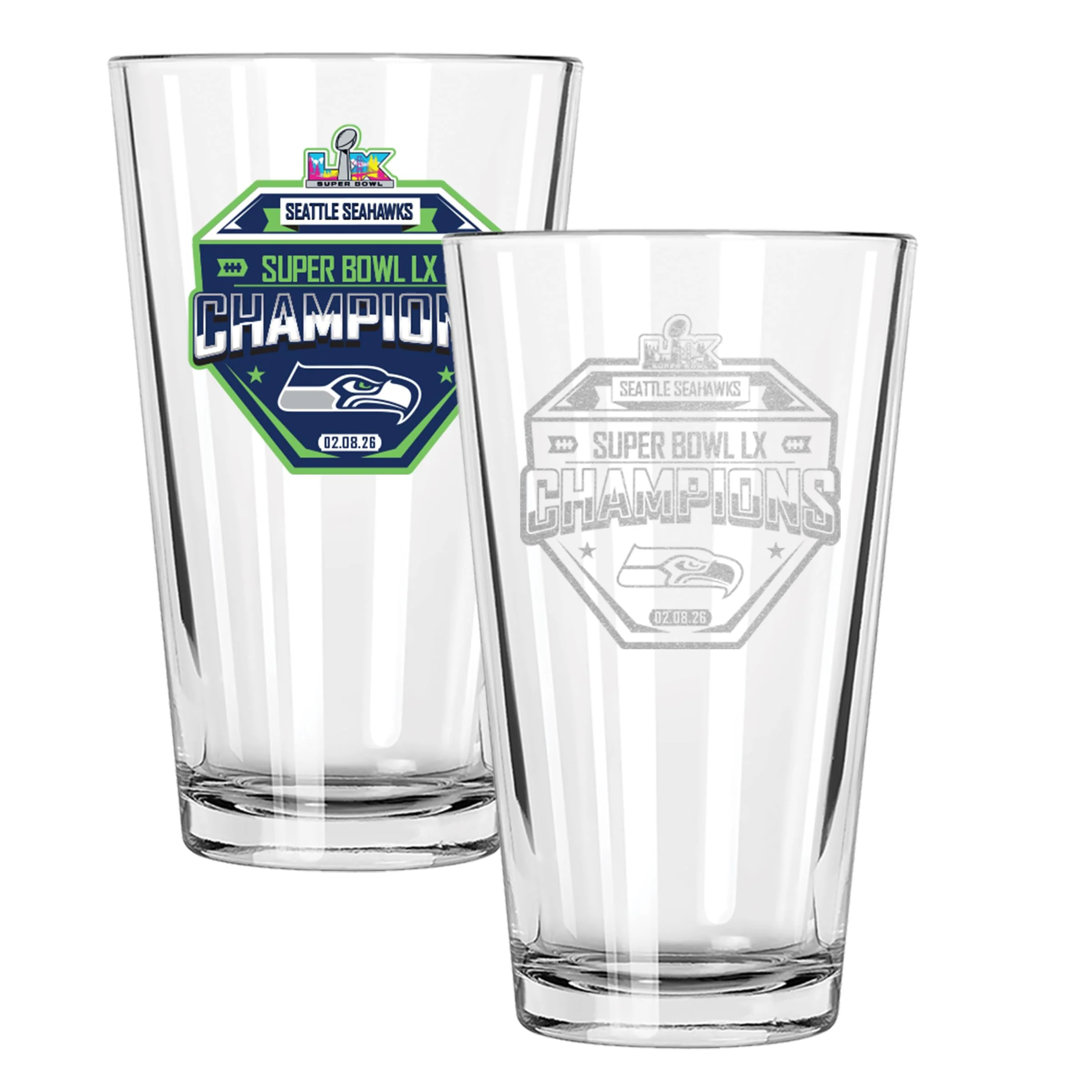 The Memory Company Officially Licensed NFL Seattle Seahawks 2026 Super Bowl LX Champions 2-Pack 16oz Pint Glass Set, Direct Print/Etched