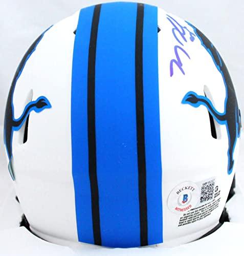 TJ Hockenson Autographed Detroit Lions Lunar Speed Mini Helmet-Beckett W Hologram Dark Blue - Image 2
