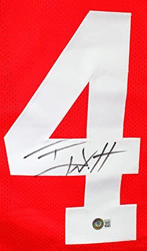 TJ Watt Autographed Red College Style Jersey- Beckett W Hologram Black - Image 3