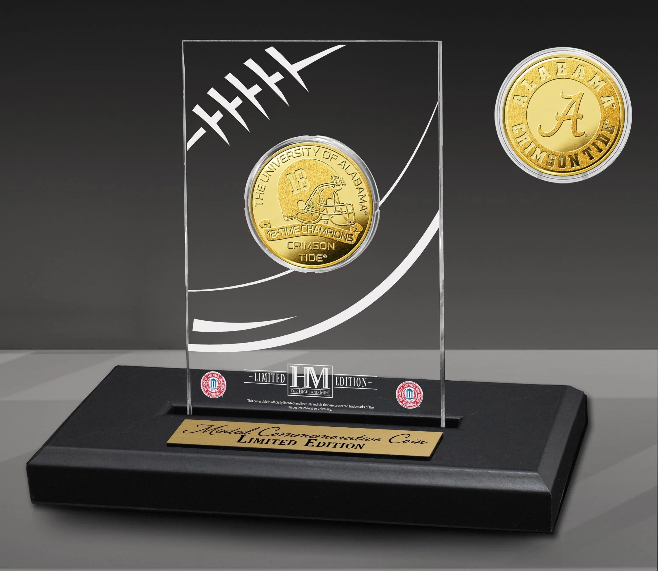 University of Alabama Crimson Tide 18-Time National Champions Gold Coin in Acrylic Display