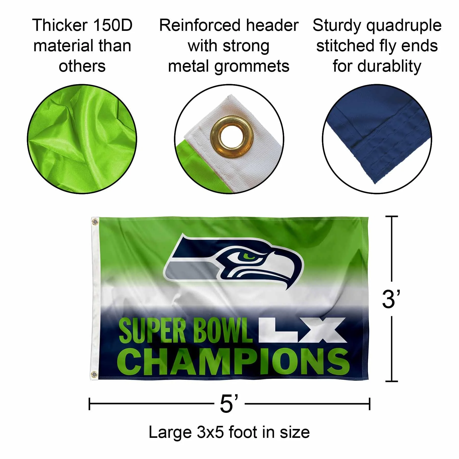 WinCraft Seattle Seahawks Super Bowl LX Single-Sided Deluxe 3' x 5' Flag - Image 2